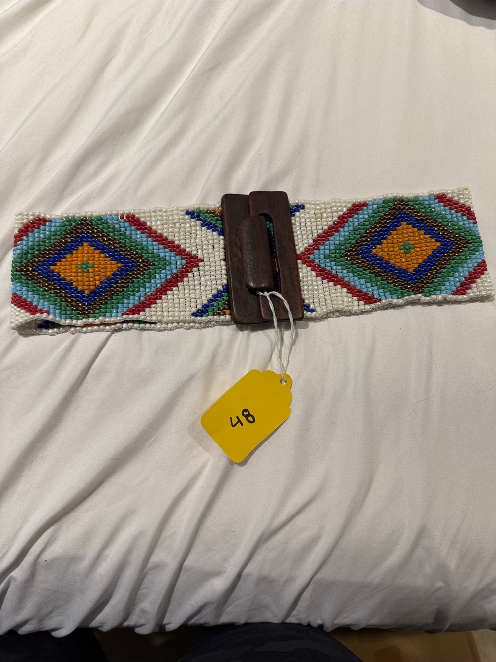 Beaded Geometric Pattern Wide Belt with Wooden Buckle - White Multicolor